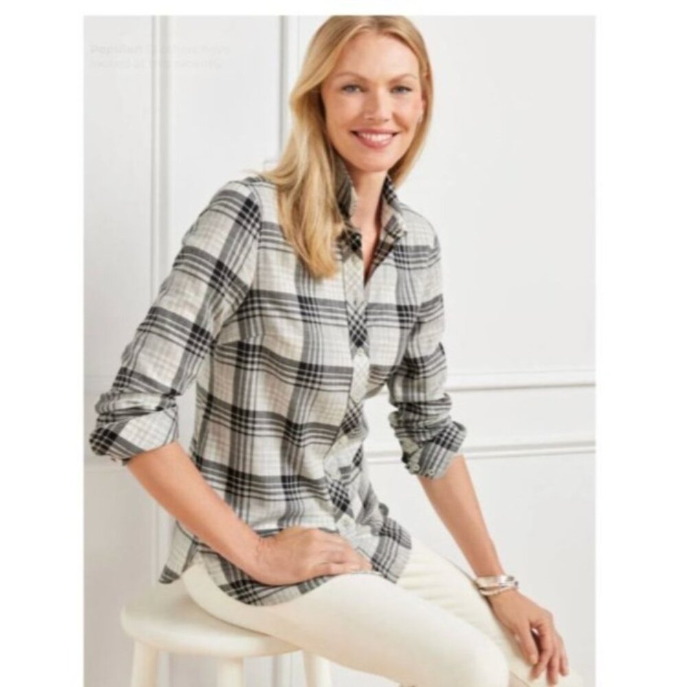 Talbots Womens shirt top size XL Black Plaid Button-Down metallic  Cotton